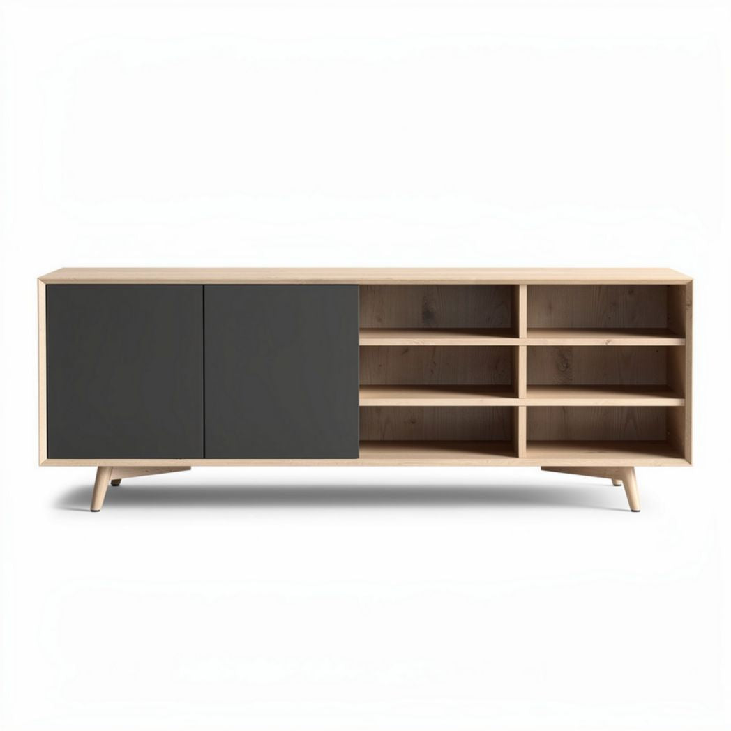 Szafa RTV w kolorze jasnego drewna z szarymi drzwiczkami 150 x 40 x 60cm