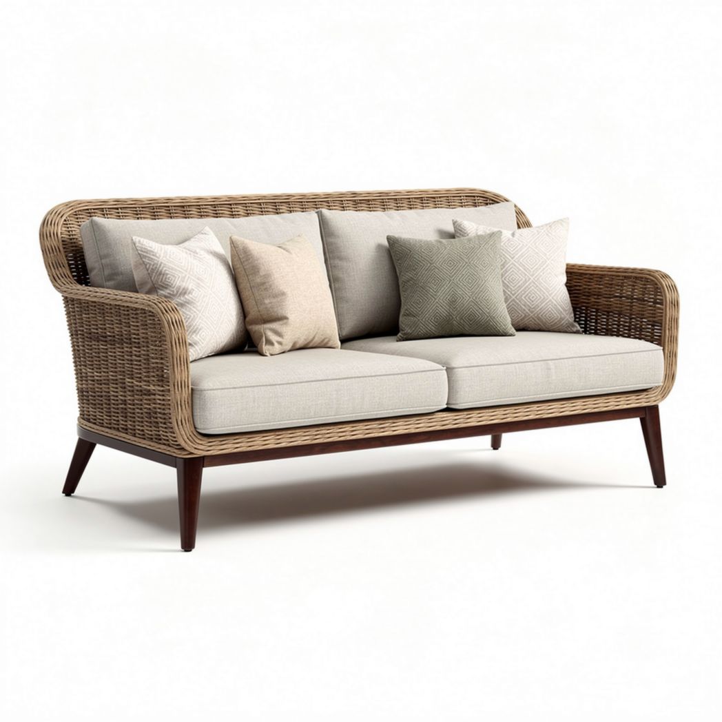 Sofa ogrodowa z technorattanu w kolorze brązowym z poduszkami 200 x 80 x 90cm